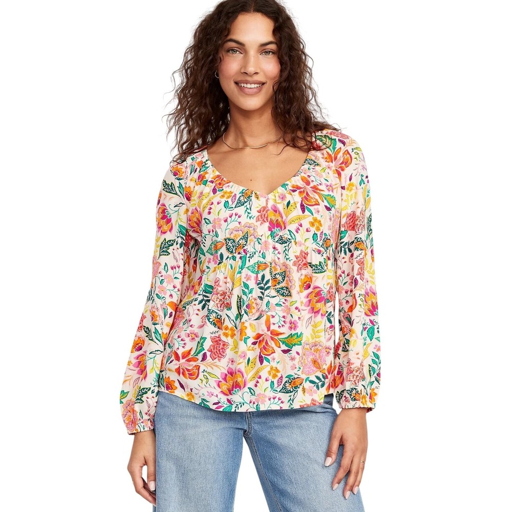 Cottagecore Block Print Multi Floral Long-Sleeve V-Neck Crinkled Top Size Medium